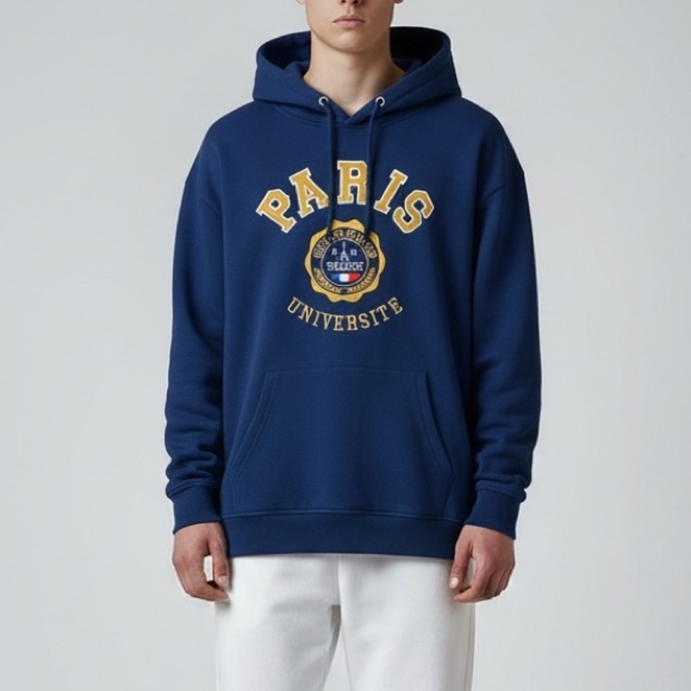 Paris Université Blue Embroidered Graphic Hoodie Streetwear loungewear sporty